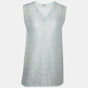 Miu Miu Blue Patterned Lurex Silk Blend Sleeveless Top L