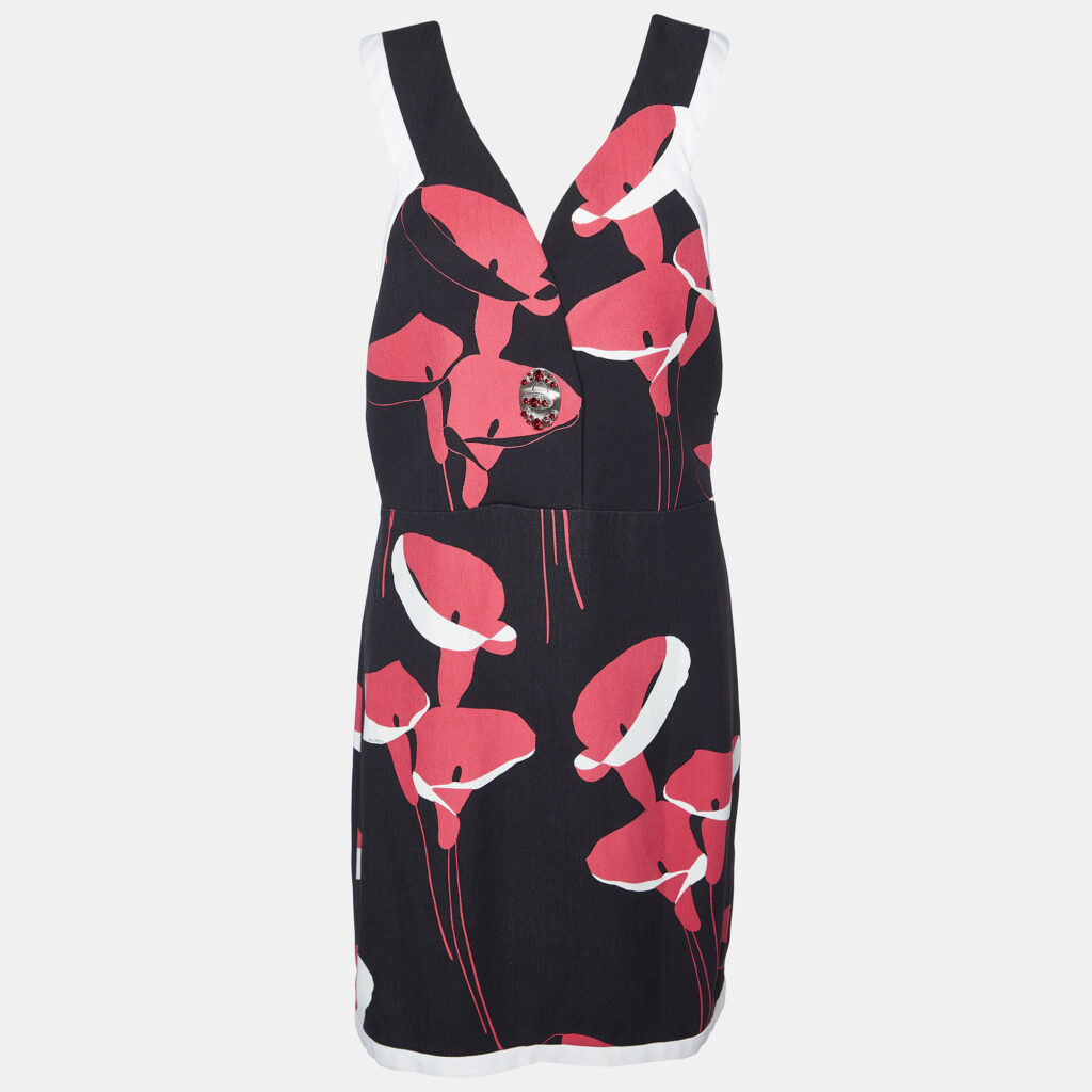 luxury-women-miu-miu-used-clothes-p992758-004 Miu Miu Black Floral Print Cady Turn Lock Detail Sleeveless Dress M