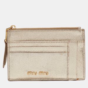 Miu Miu Metallic Gold Madras Leather Zip Card Holder