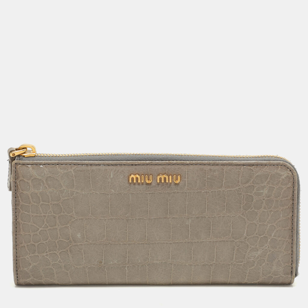 luxury-women-miu-miu-used-handbags-p1069420-003 Miu Miu Grey Crocodile Embossed Leather Zip around Wallet