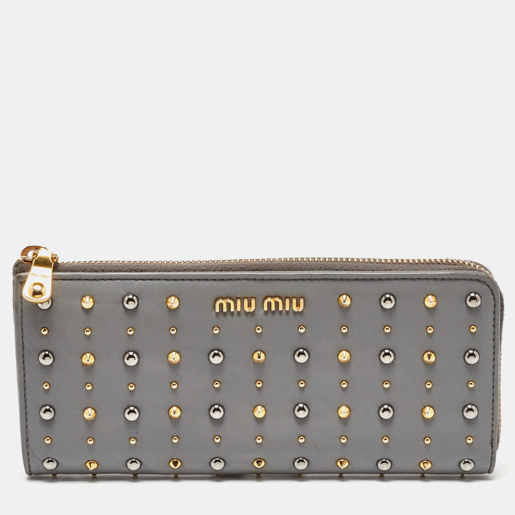 luxury-women-miu-miu-used-handbags-p1078896-009 Miu Miu Grey Leather Studded Zip Continental Wallet
