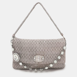 miu miu grey matelass&eacute; nappa leather crystal shoulder bag