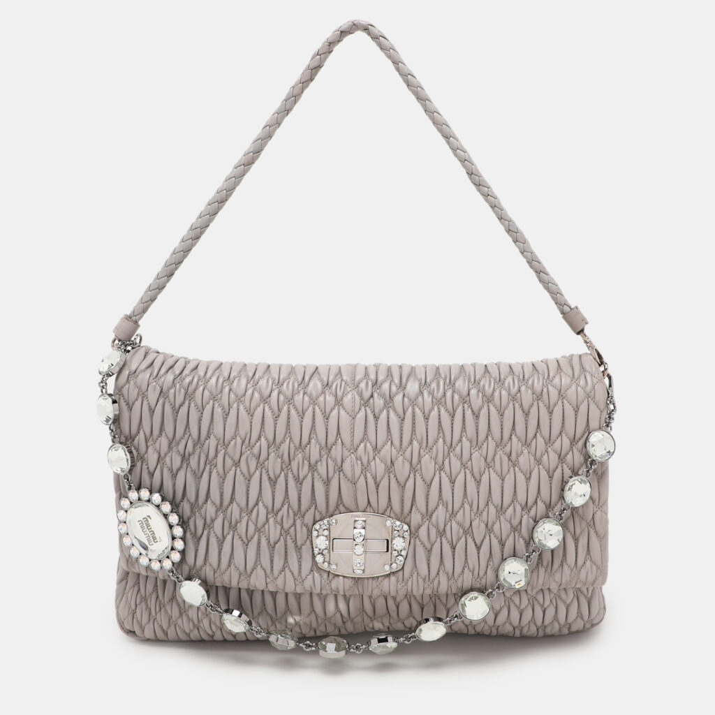 luxury-women-miu-miu-used-handbags-p1083678-001.jpg Miu Miu Grey Matelassé Nappa Leather Crystal Shoulder Bag