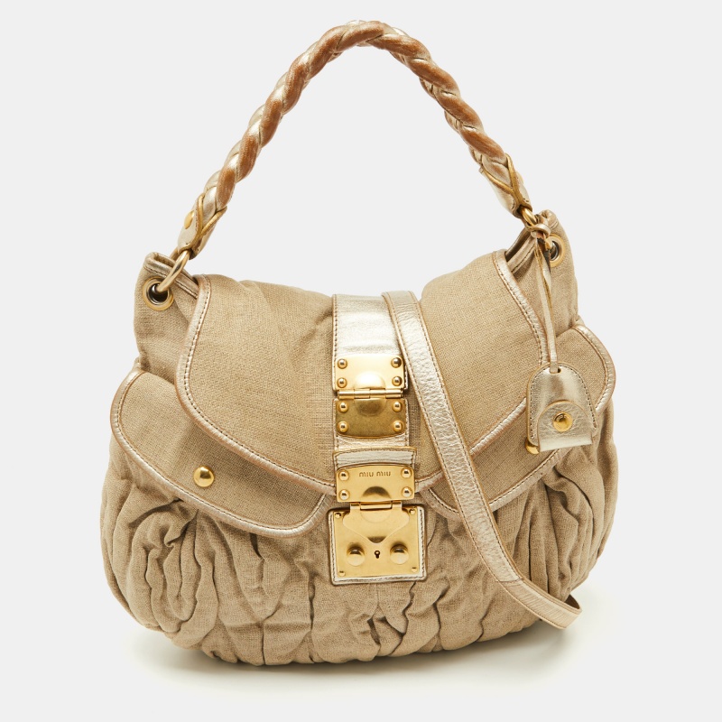 luxury-women-miu-miu-used-handbags-p1097165-1737026029-015 Miu Miu Beige/Gold Linen and Leather Coffer Satchel