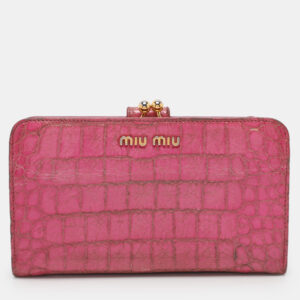 Miu Miu Pink Leather and Croc Embossed Patent Leather French Wallet