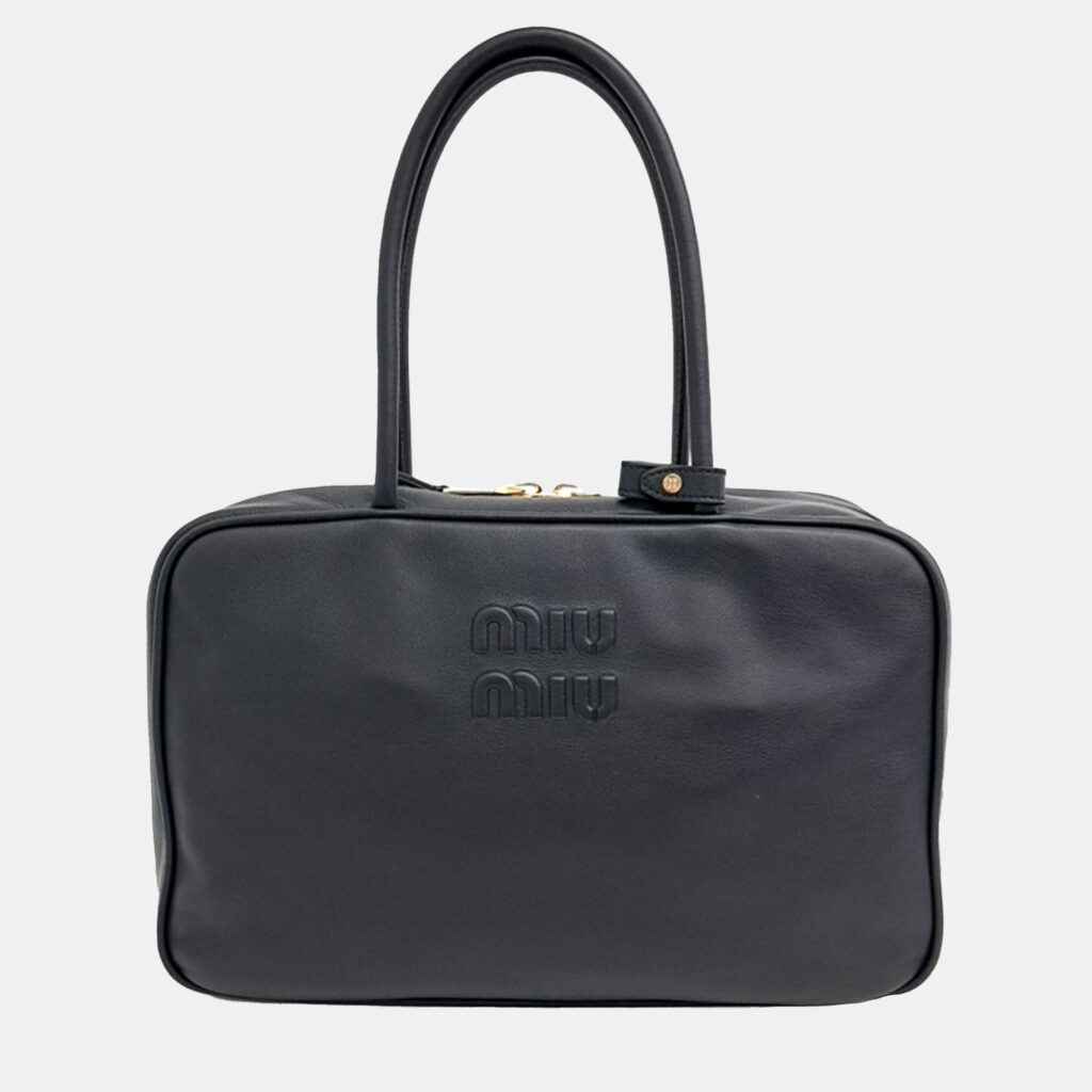 luxury-women-miu-miu-used-handbags-p1147778-002 Miu Miu Black Leather embossed logo bowling bag