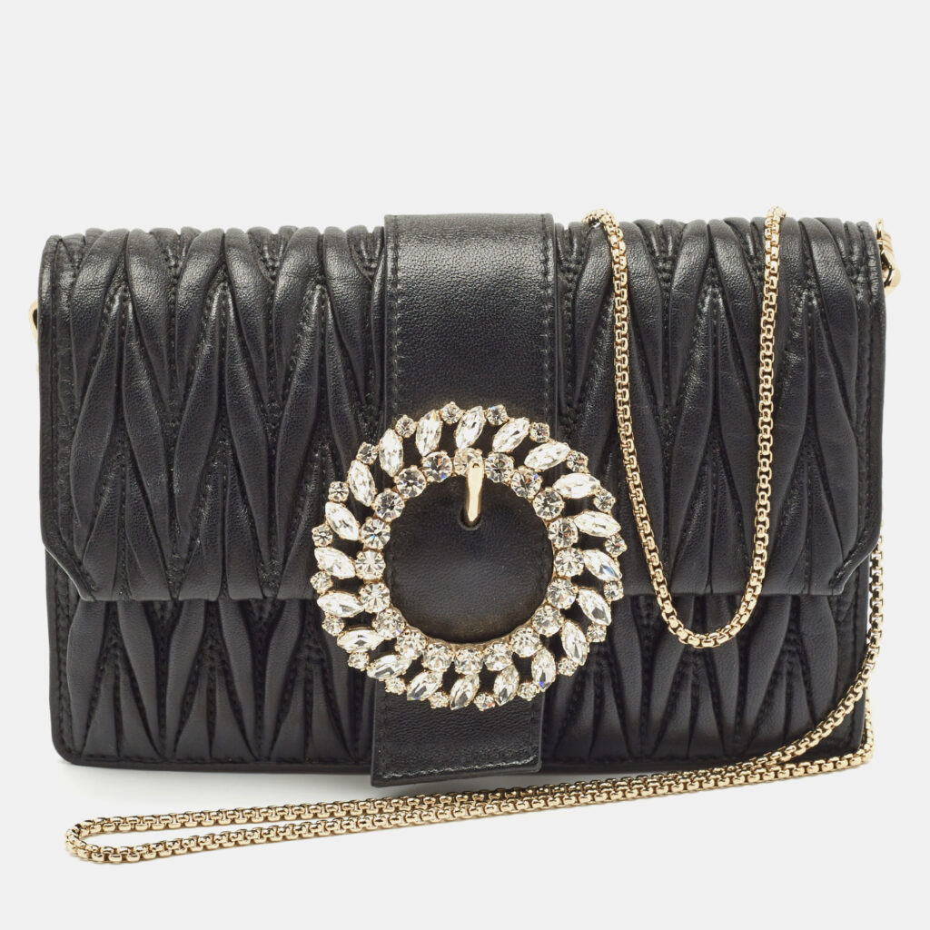 luxury-women-miu-miu-used-handbags-p1148891-012 Miu Miu Black Matelassé Leather Crystals Buckle Chain Clutch