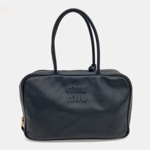 Miu Miu Black Leather Embossed Logo Bowling Bag