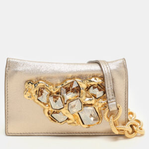 Miu Miu Gold Leather Crystal Embellishment Chain Card Holder