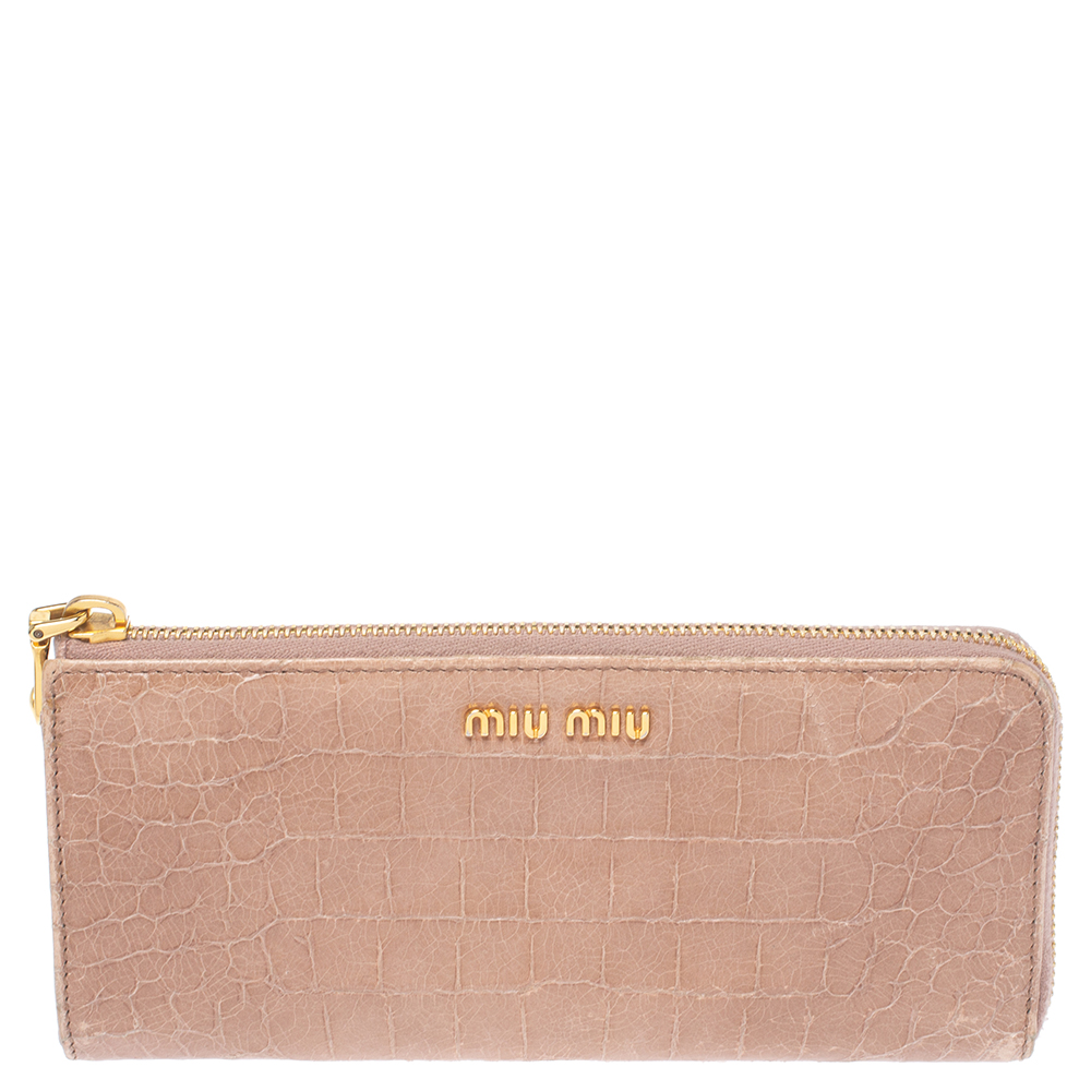 luxury-women-miu-miu-used-handbags-p353969-011 Miu Miu Beige Croc Embossed Patent Leather Zip Around Wallet