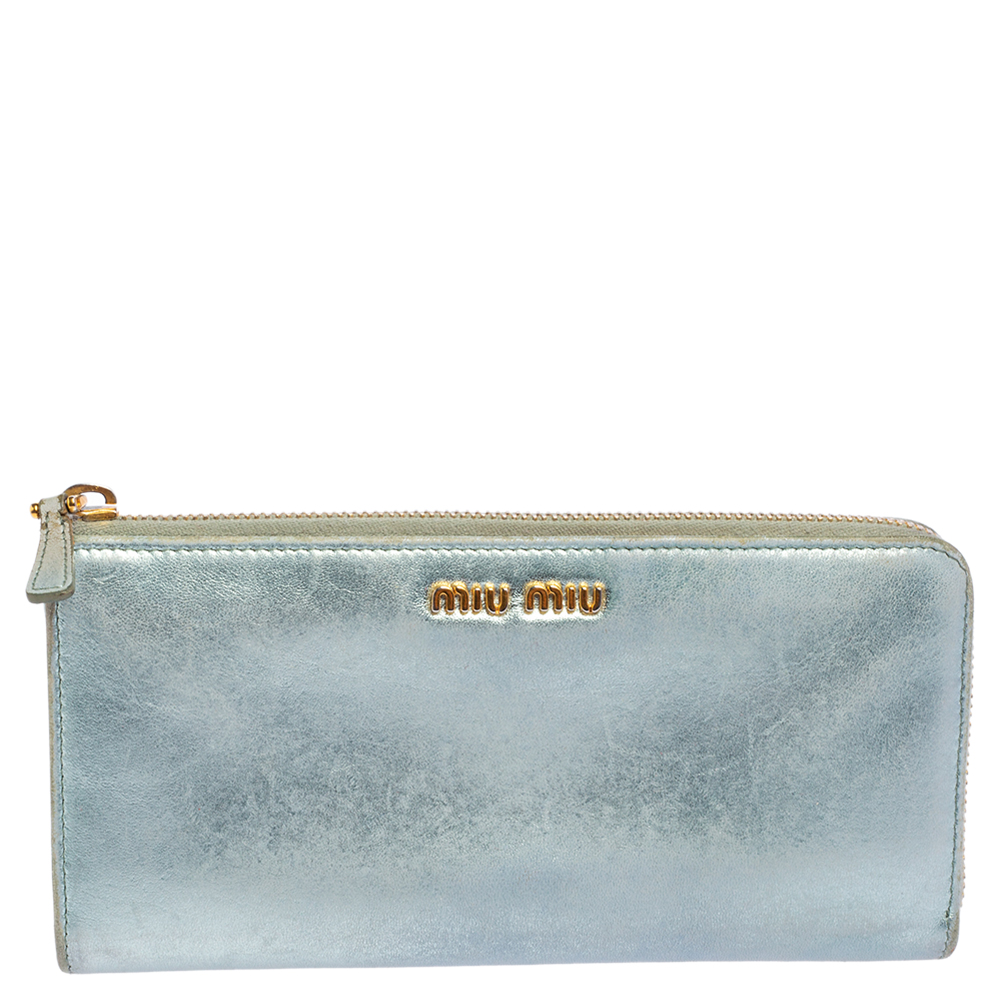 luxury-women-miu-miu-used-handbags-p479449-001 Miu Miu Metallic Blue Leather Zip Around Wallet