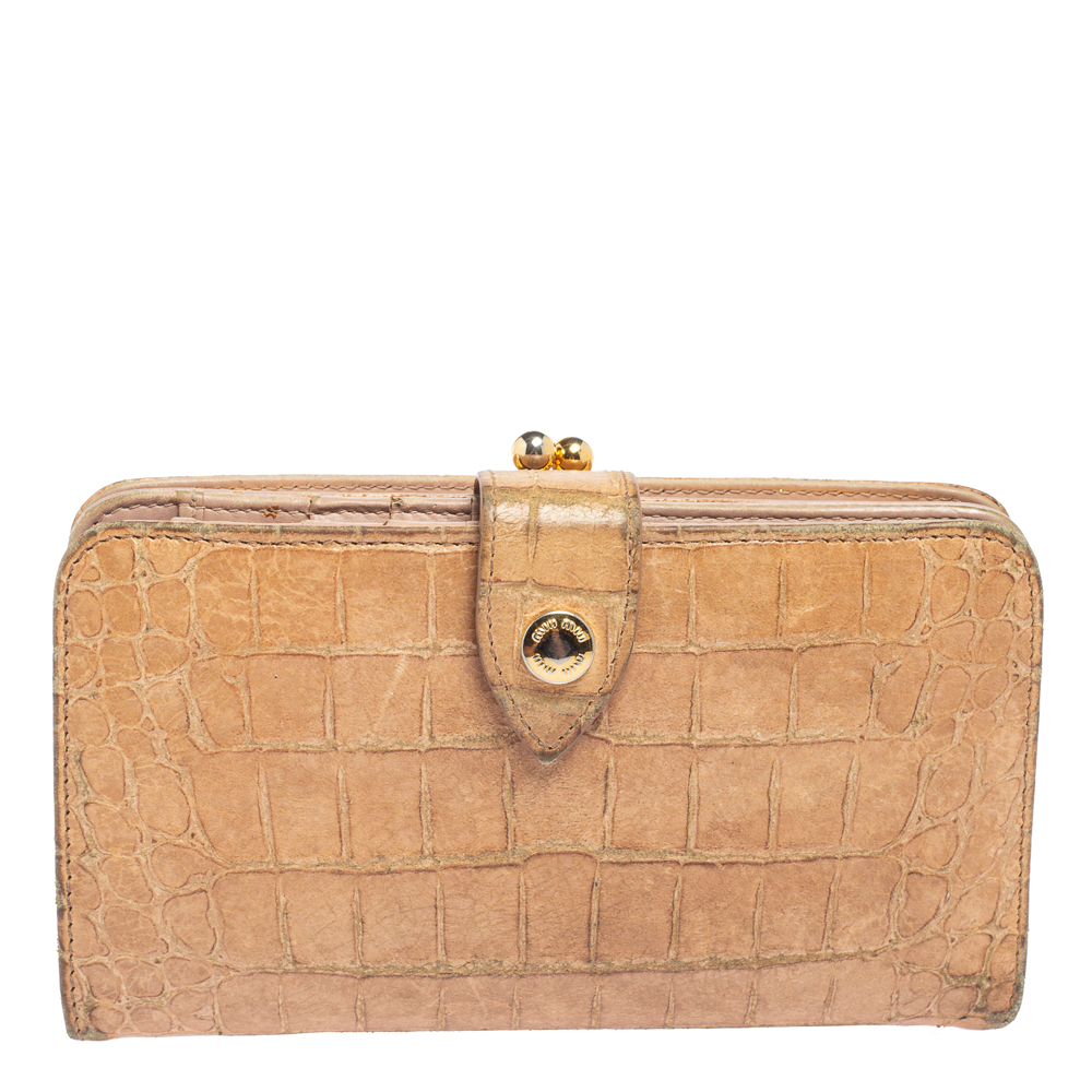 luxury-women-miu-miu-used-handbags-p587461-009-2 Miu Miu Beige Croc Embossed Leather Long Wallet