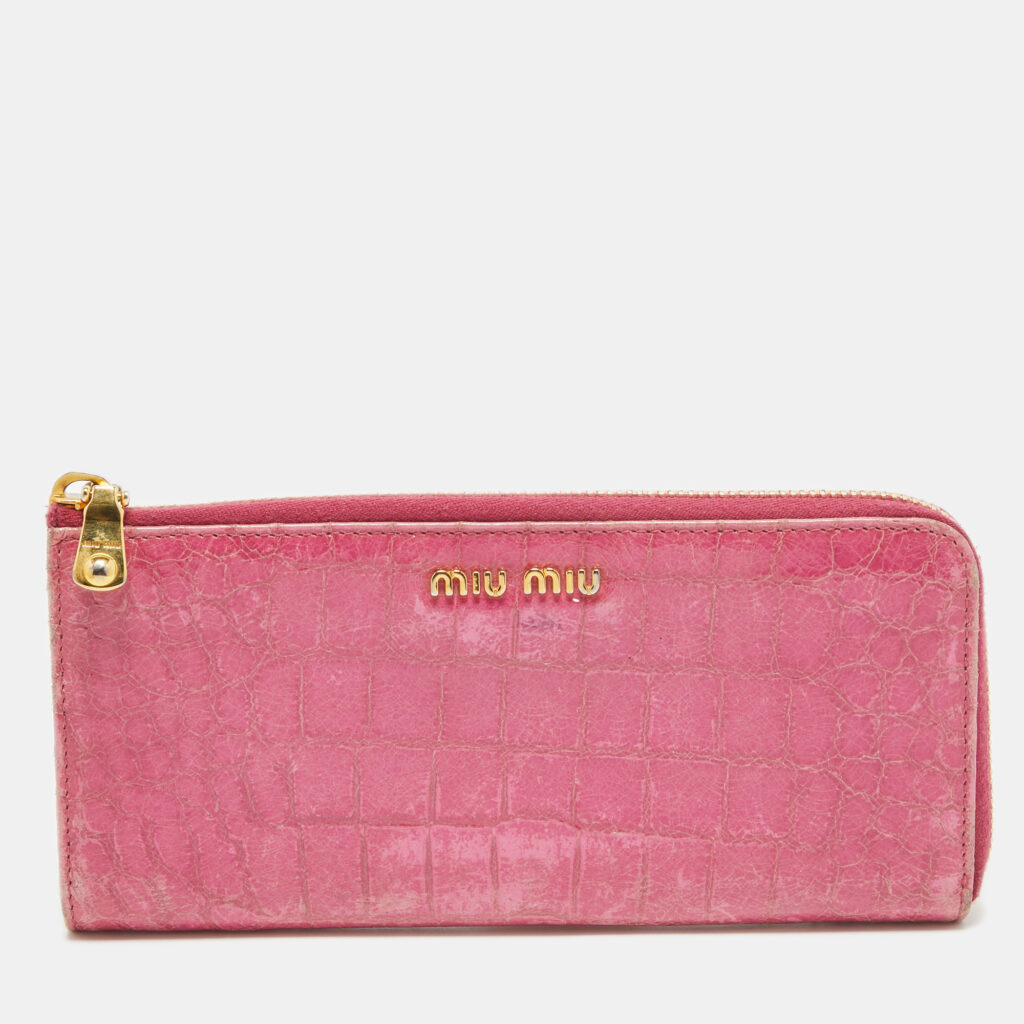 luxury-women-miu-miu-used-handbags-p917798-001 Miu Miu Pink Croc Effect Patent Leather Continental Zip Wallet