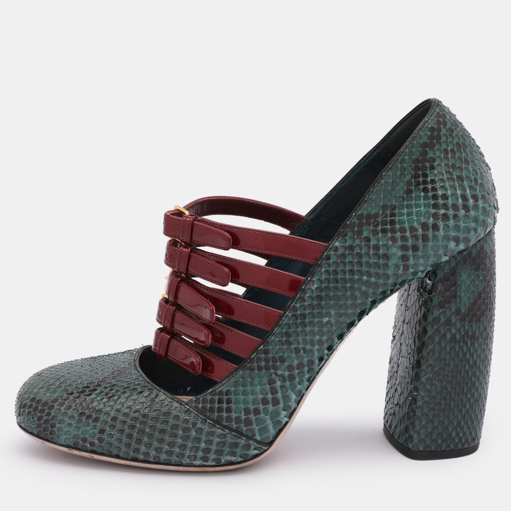 Miu Miu Green/Red Python and Patent Leather Mary Jane Pumps Size 39.5