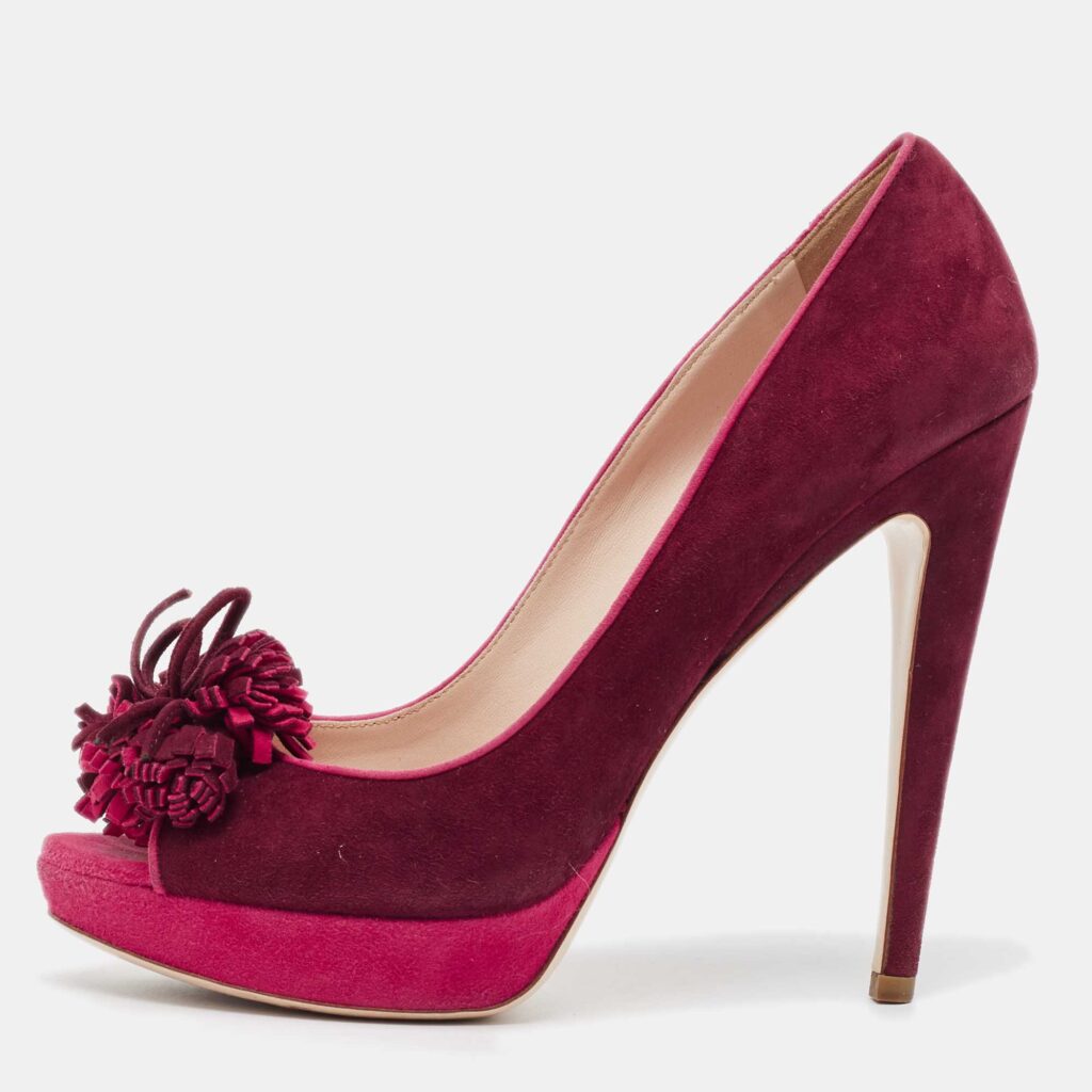 luxury-women-miu-miu-used-shoes-p1032150-003 Miu Miu Plum/Pink Suede Tassel Detail Peep Toe Platform Pumps Size 40.5