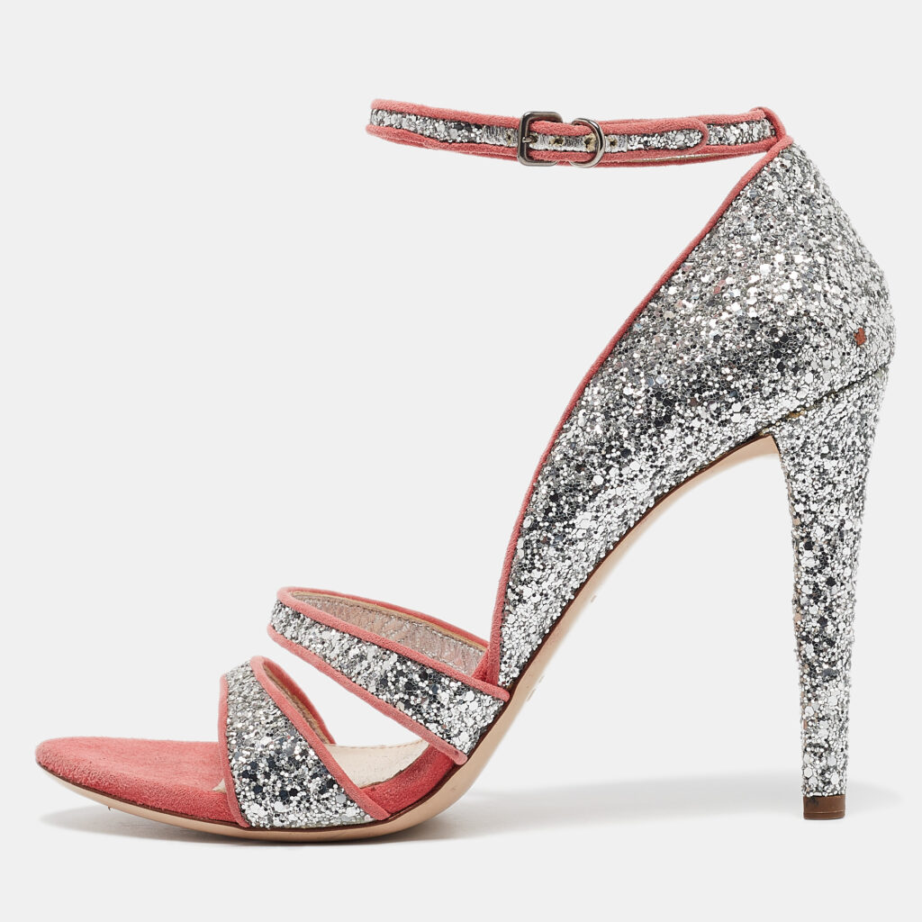 luxury-women-miu-miu-used-shoes-p1040923-001 Miu Miu Silver Glitter Suede Ankle Strap Sandals Size 40
