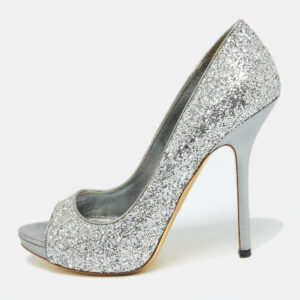 Miu Miu Silver Glitter and Leather Peep Toe Platform Pumps Size 41