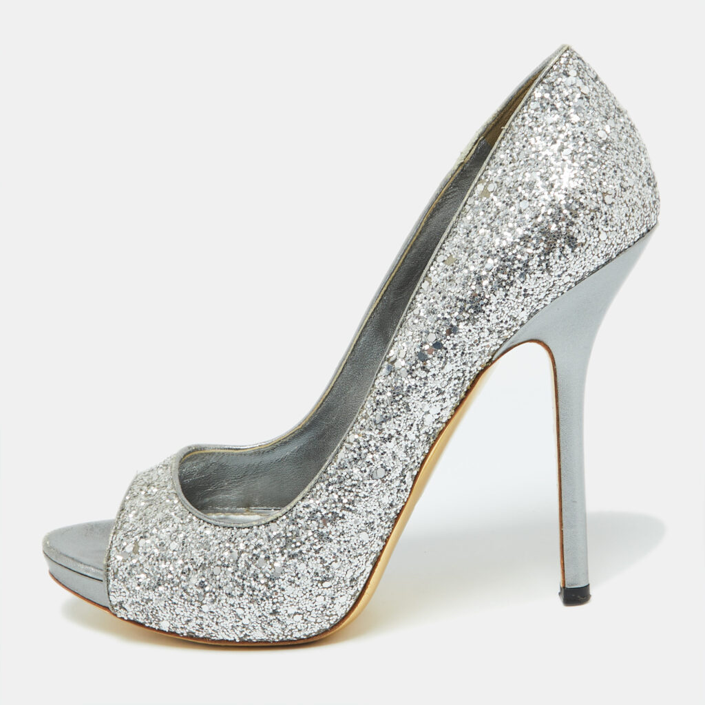 Miu Miu Silver Glitter and Leather Peep Toe Platform Pumps Size 41