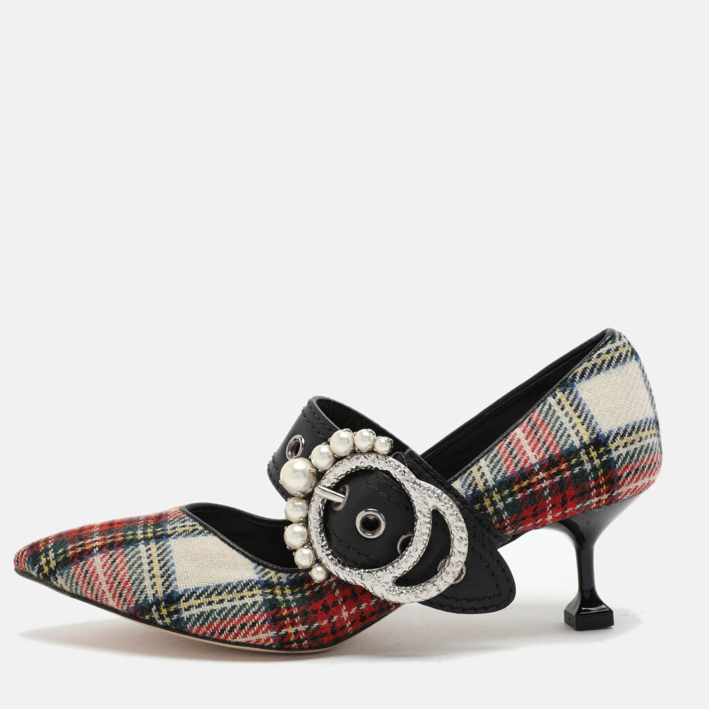 luxury-women-miu-miu-used-shoes-p1046861-006 Miu Miu Multicolor Fabric and Leather Embellished Mary Jane Pumps Size 38