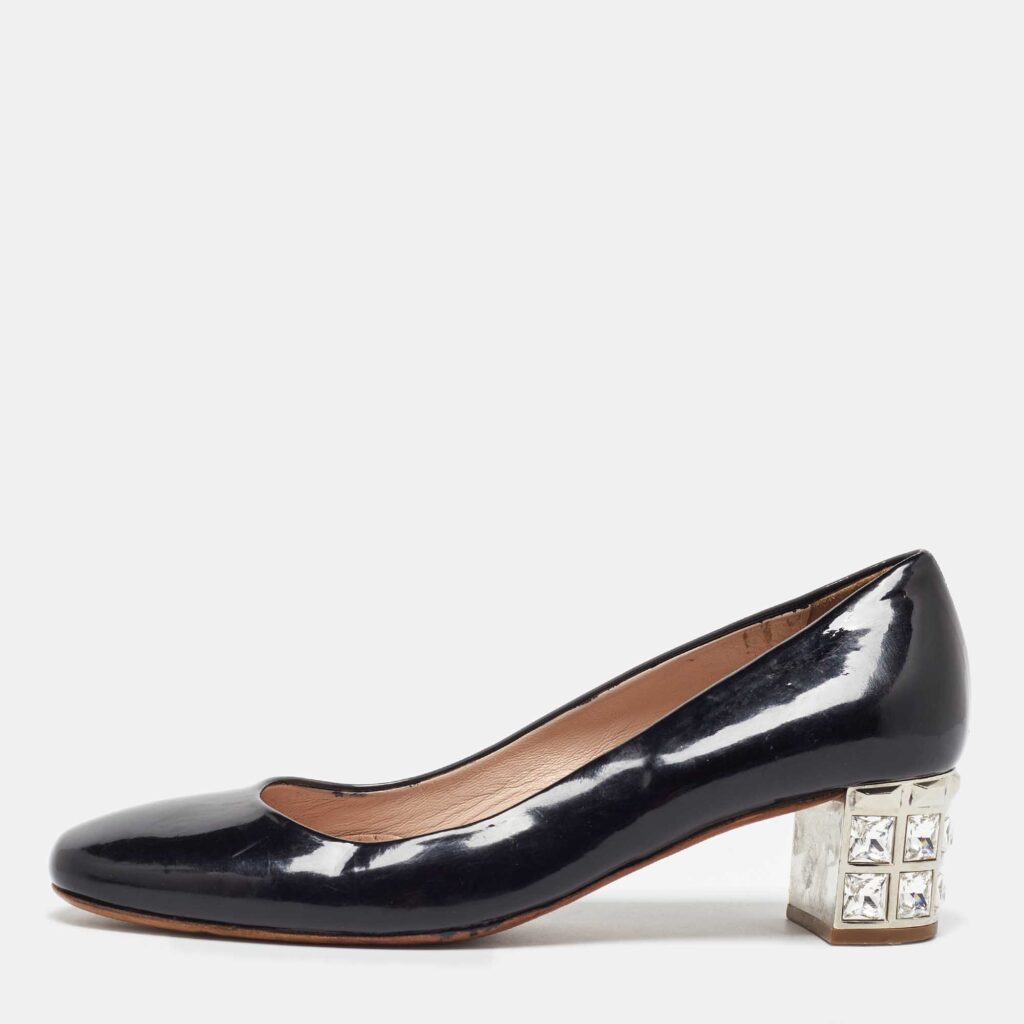 luxury-women-miu-miu-used-shoes-p1046963-003 Miu Miu Black Patent Leather Crystal Embellished Block Heel Pumps Size 37