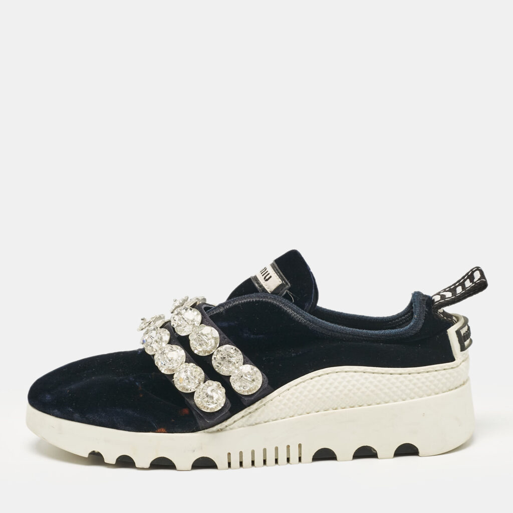 luxury-women-miu-miu-used-shoes-p1055789-003 Miu Miu Navy Blue Velvet Crystal Embellished Slip On Sneakers Size 35.5