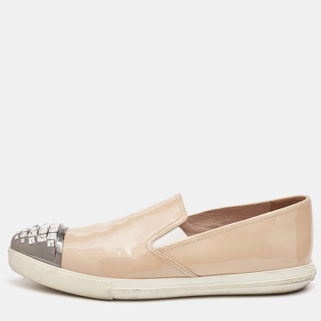 luxury-women-miu-miu-used-shoes-p1068508-010 Miu Miu Beige Patent Leather Crystal Embellishment Pointed Sneakers Size 41
