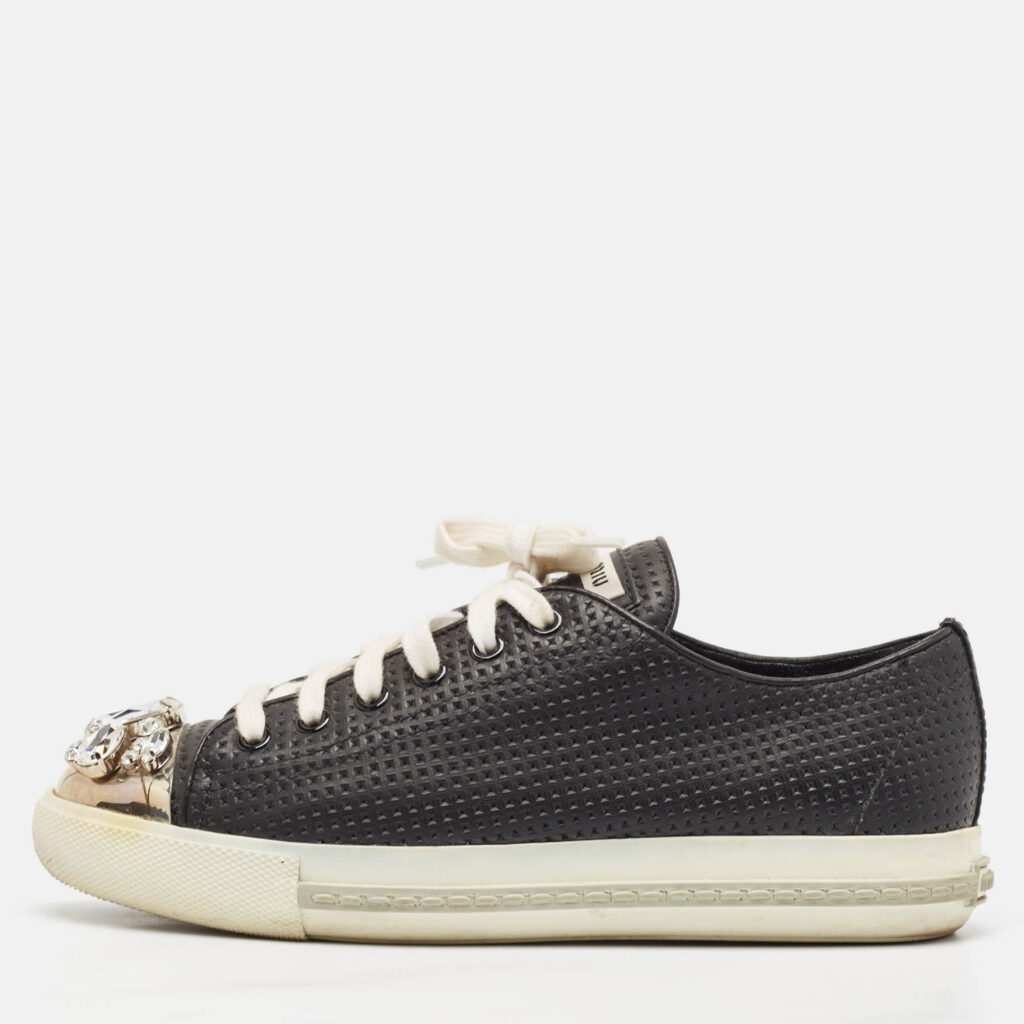 luxury-women-miu-miu-used-shoes-p1099728-001 Miu Miu Black Leather Crystal Embellished Cap Toe Low Top Sneakers Size 37.5
