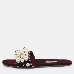 Miu Miu Burgundy Velvet Pearl Embellished Flat Slides Size 38