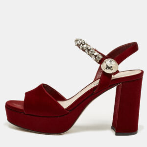 Miu Miu Burgundy Satin Crystal Embellished Platform Sandals Size 39
