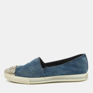 Miu Miu Blue Denim Crystal Embellished Cap Toe Slip On Sneakers Size 37
