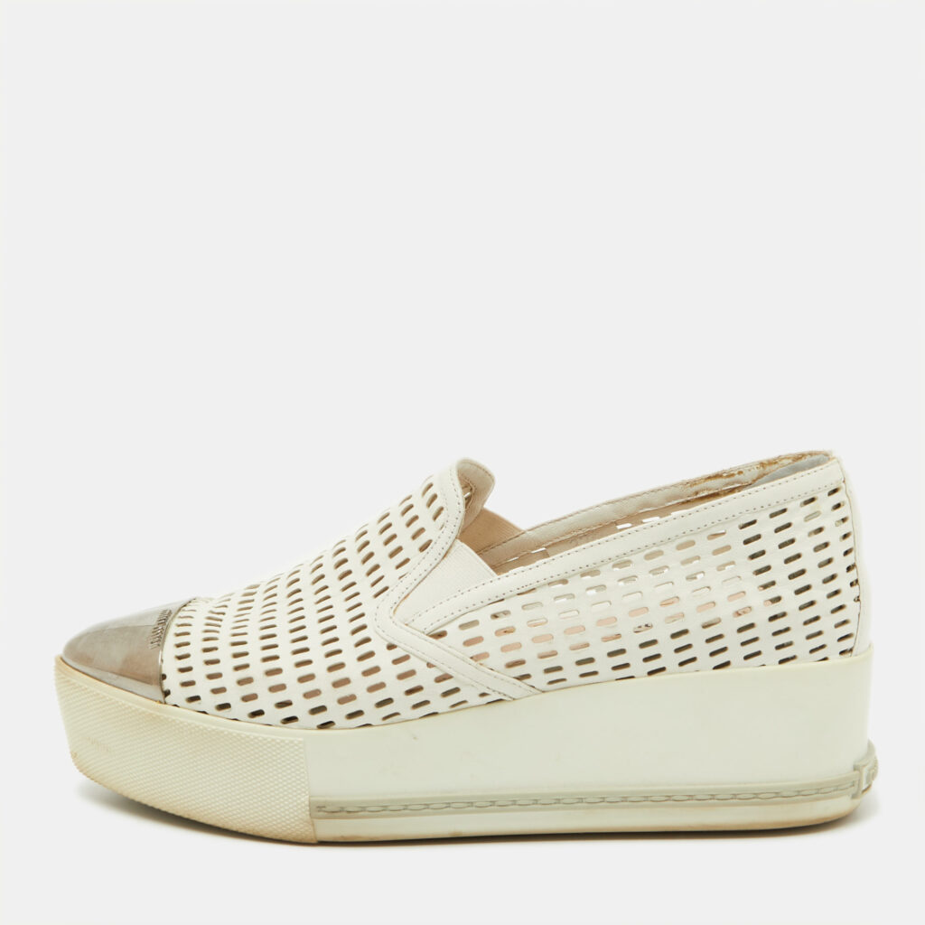 luxury-women-miu-miu-used-shoes-p1104520-001 Miu Miu White Perforated Leather Metal Cap Toe Slip On Sneakers Size 37.5