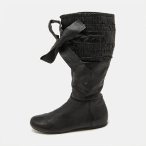 Miu Miu Black Leather Gathered Bow Calf Length Boots Size 37