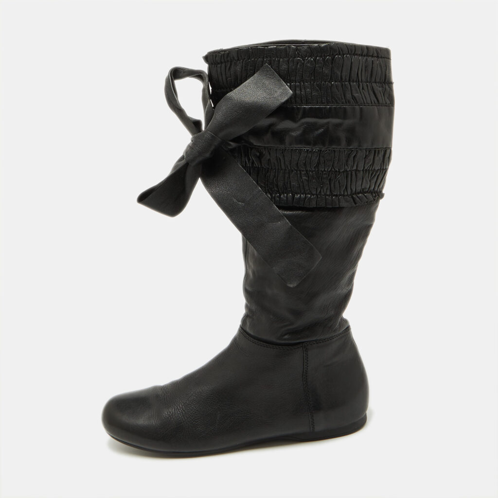 Miu Miu Black Leather Gathered Bow Calf Length Boots Size 37