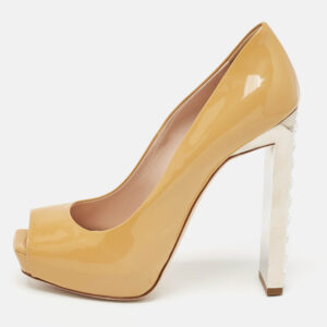 Miu Miu Beige Patent Leather Peep Toe Platform Pumps Size 39.5