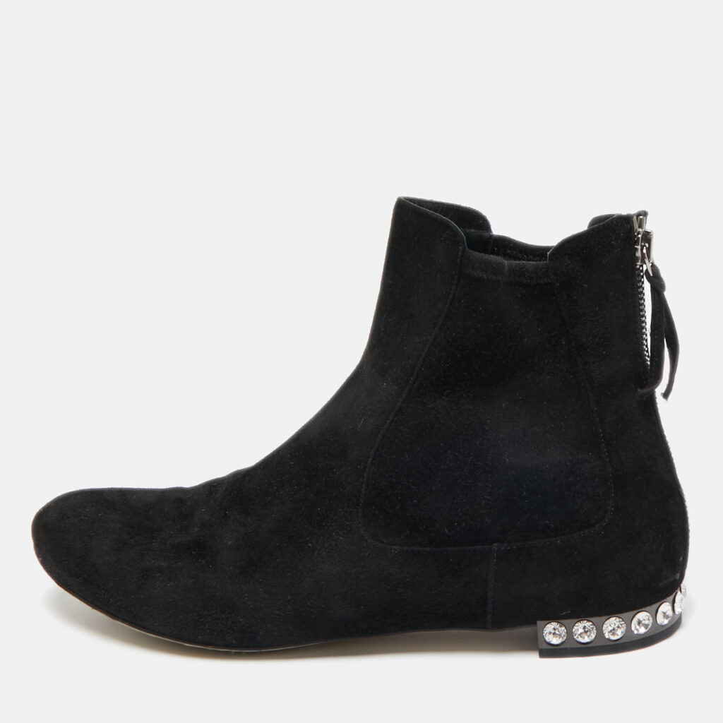 Miu Miu Black Suede Embellished Ankle Boots Size 38