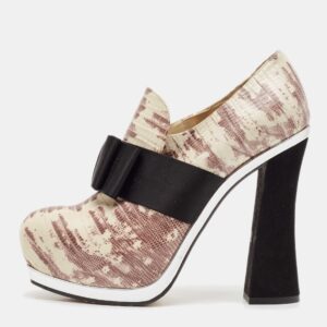 Miu Miu Beige/Black Lizard Embossed Leather Bow Platform Block Heel Pumps Size 38.5
