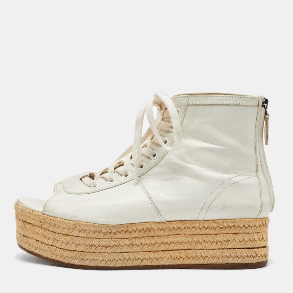 luxury-women-miu-miu-used-shoes-p1112642-003 Miu Miu White Leather Open Toe Espadrille Platform High Top Sneakers Size 38.5