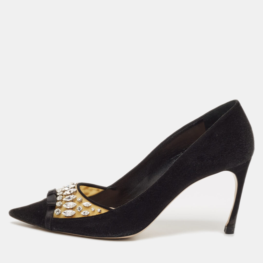 Miu Miu Black Suede and PVC Crystal Embellished Pointed Toe Pumps Size 38.5