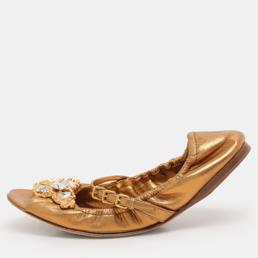 luxury-women-miu-miu-used-shoes-p1116944-001 Miu Miu Gold Leather Embellished Scrunch Ballet Flats Size 38
