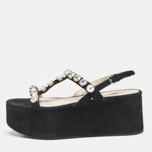 Miu Miu Black Suede Crystal Embellished Platform Sandals Size 39