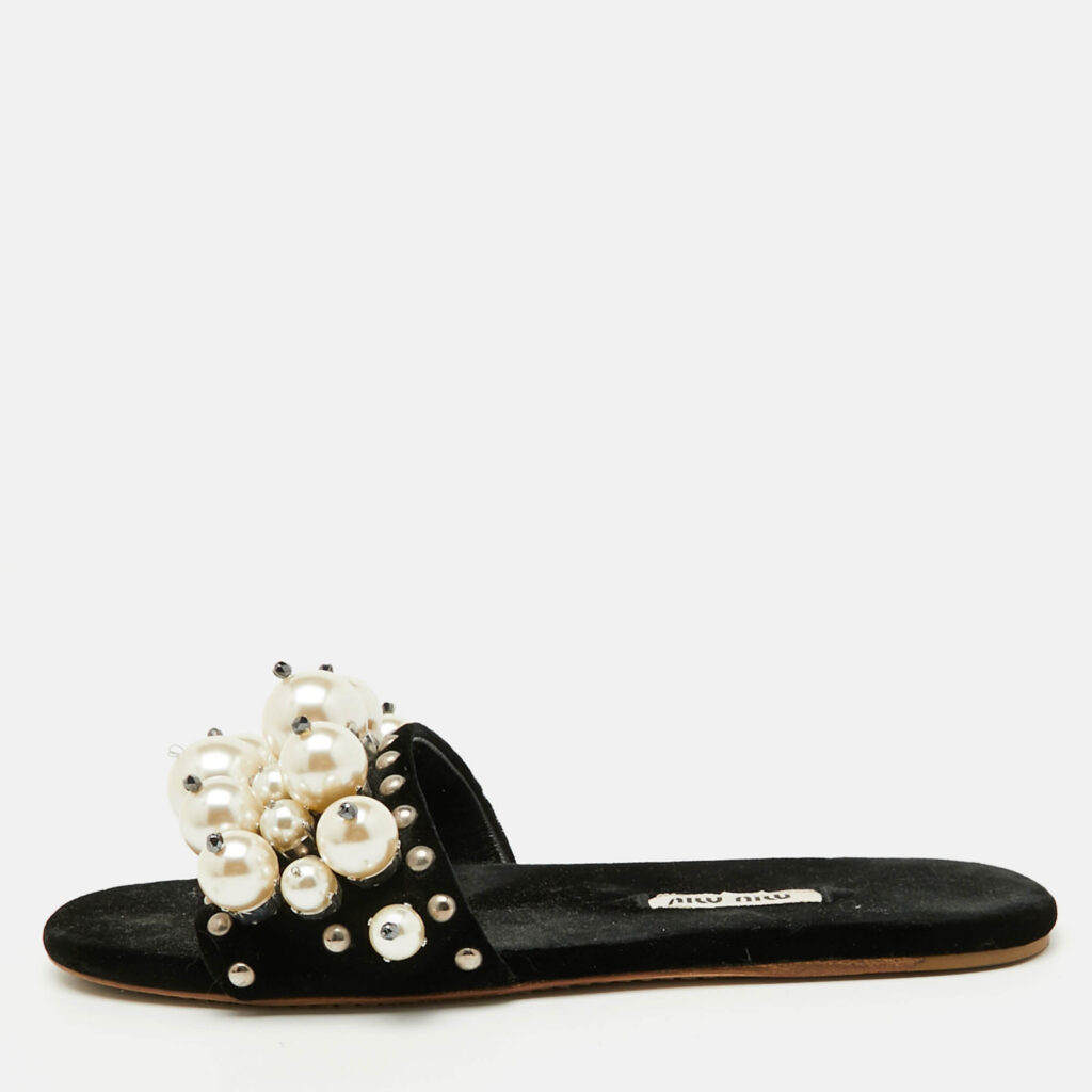 luxury-women-miu-miu-used-shoes-p1124783-010 Miu Miu Black Velvet Faux Pearl Embellished Flat Slide Sandals Size 36