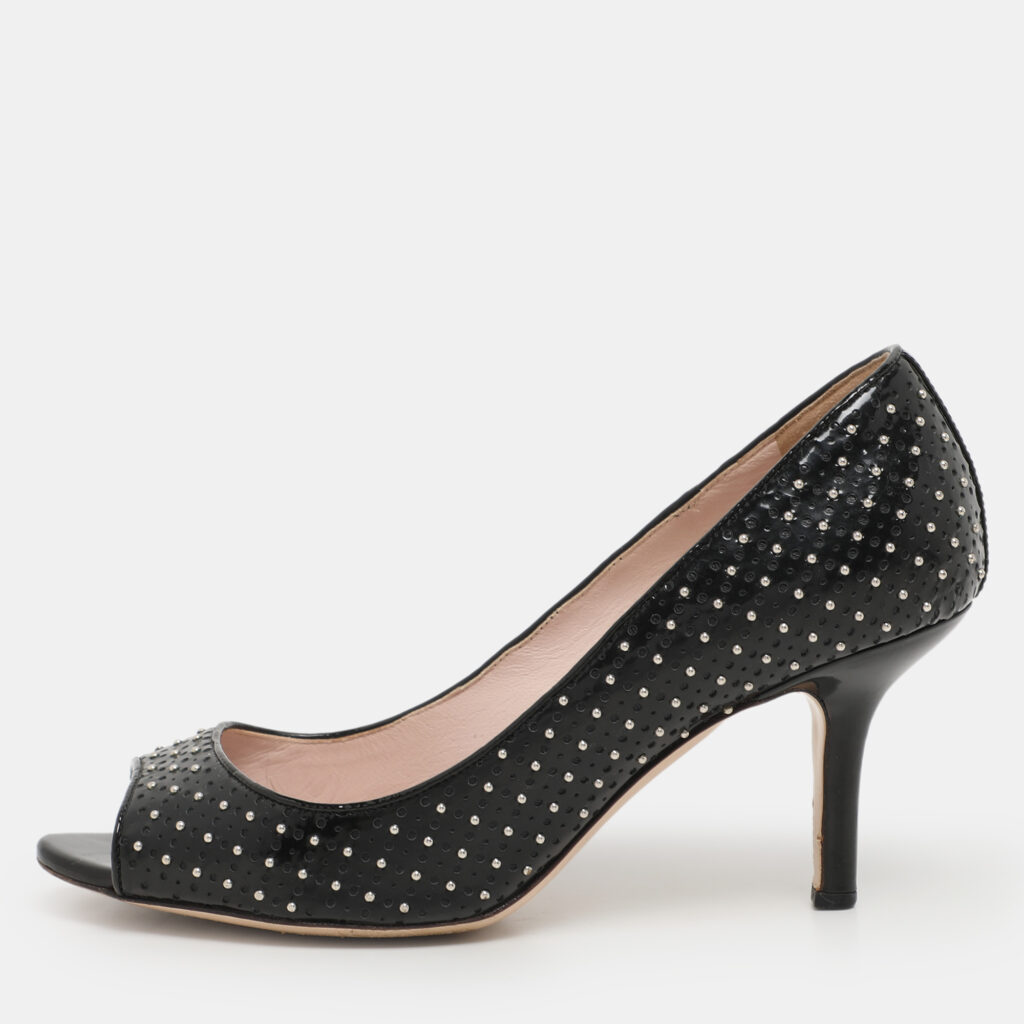 Miu Miu Black Patent Leather Studded Peep Toe Pumps Size 37