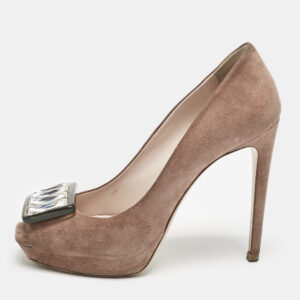 Miu Miu Beige Suede Crystal Embellished Peep Toe Platform Pumps Size 37