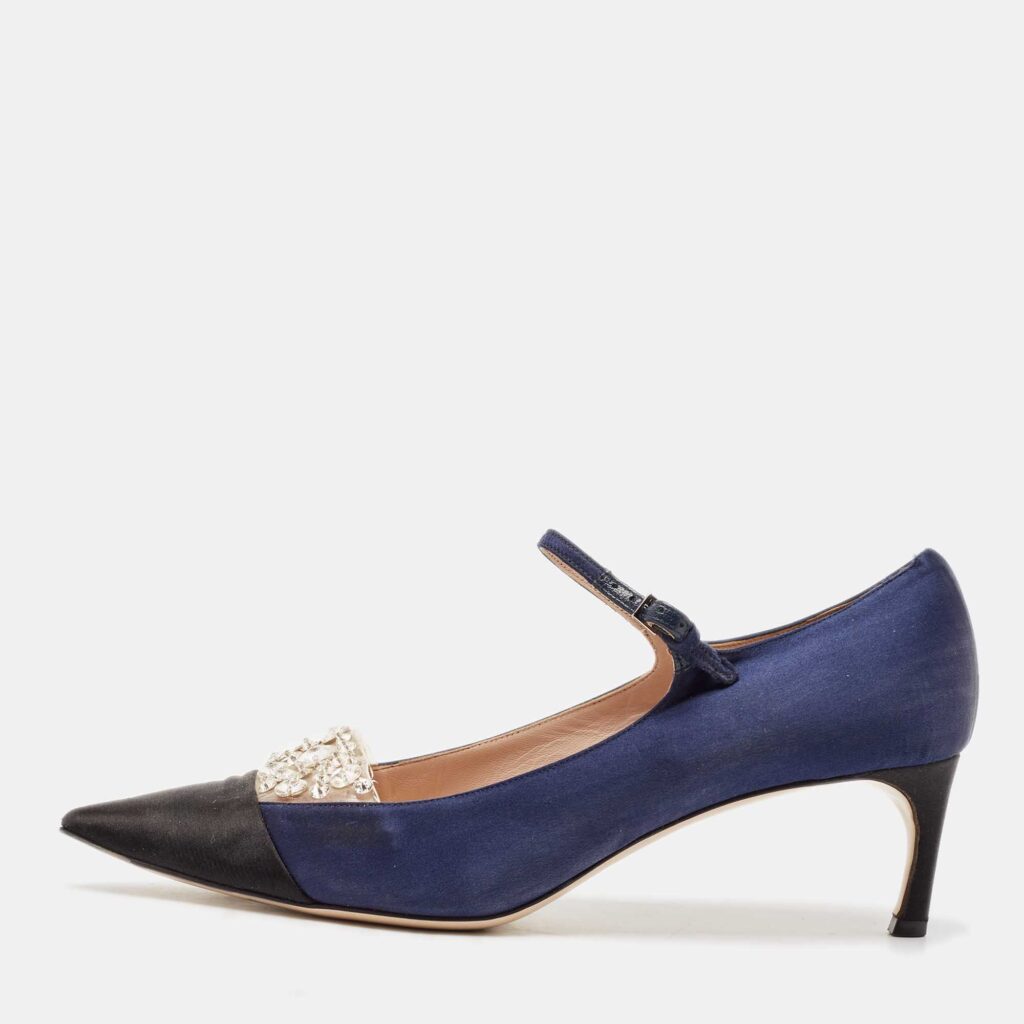 Miu Miu Black/Blue Satin Crystal Embellished Pointed Toe Pumps Size 39.5
