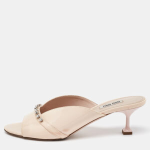 Miu Miu Cream Patent Leather Crystal Embellished Open Toe Mules Size 39.5