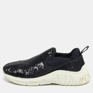 Miu Miu Black Sequins and Neoprene Slip On Sneakers Size 39