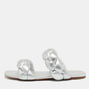 Miu Miu Silver Woven Leather Flat Sandals Size 38.5