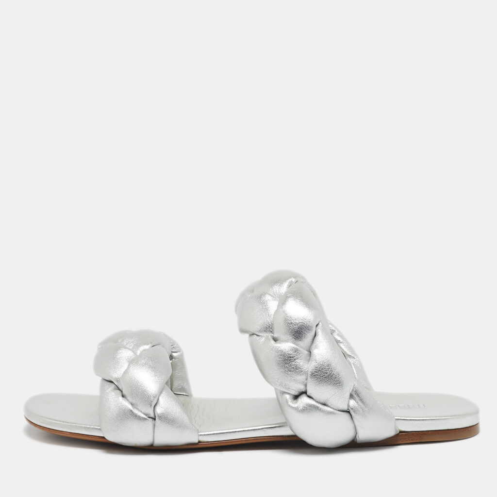 Miu Miu Silver Woven Leather Flat Sandals Size 38.5