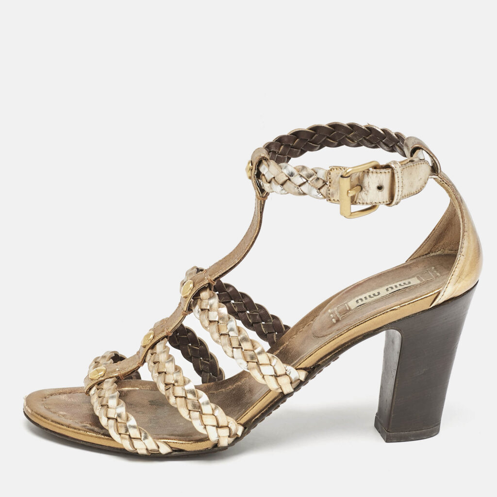 luxury-women-miu-miu-used-shoes-p1138837-010 Miu Miu Gold Woven Leather Strappy Sandals Size 36.5