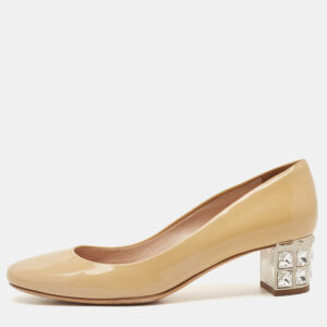 Miu Miu Beige Patent Leather Crystal Embellished Block Heel Pumps Size 36.5